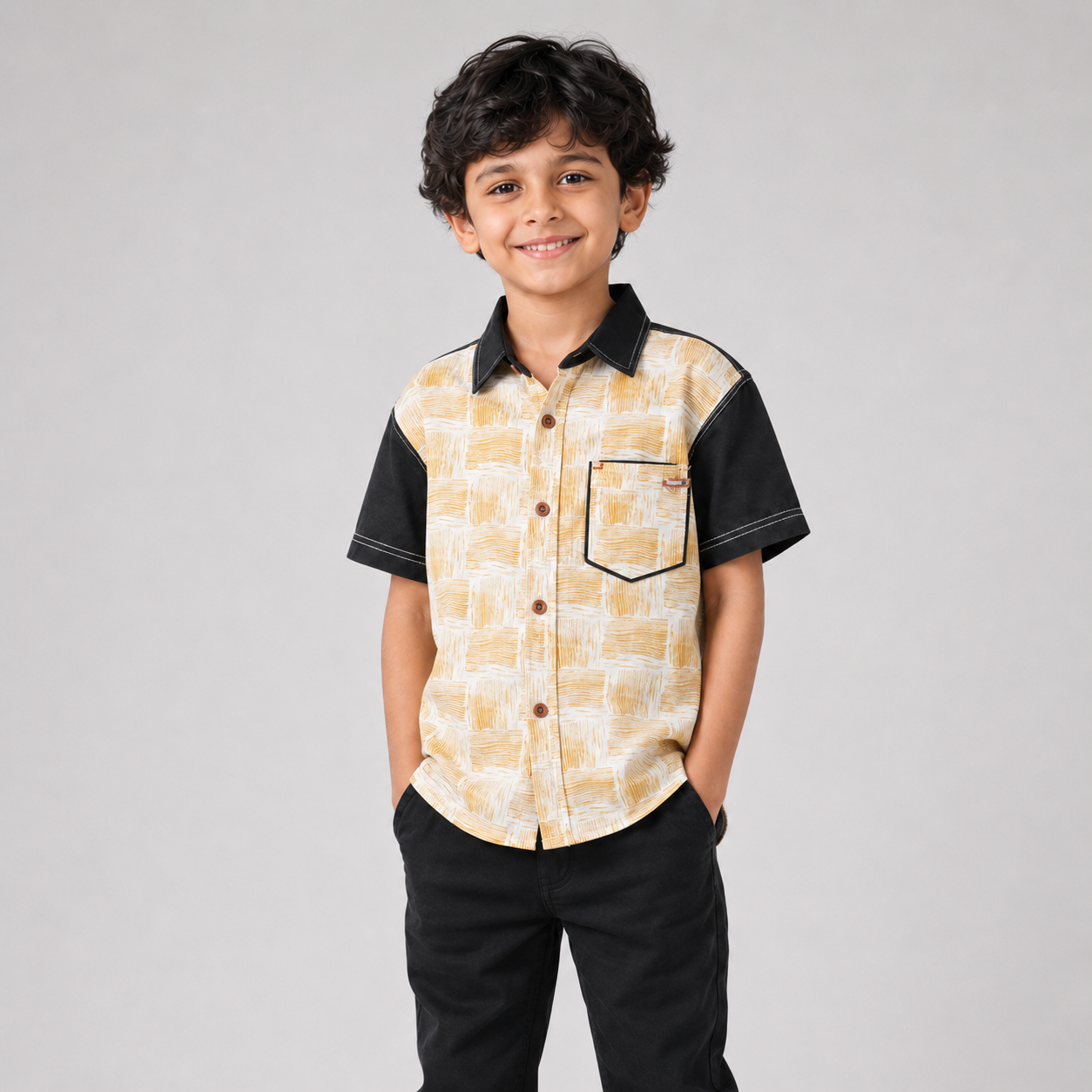 Mustard Checkered Short Sleeve Shirt for Boys